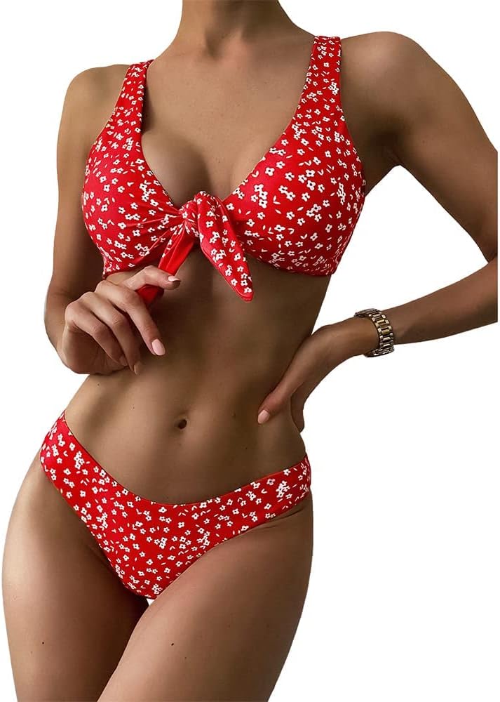 ZAFUL Women's Ribbed Knotted Bikini Set Sexy Brazilian Bikini Padded Swimsuit Beachwear - - S