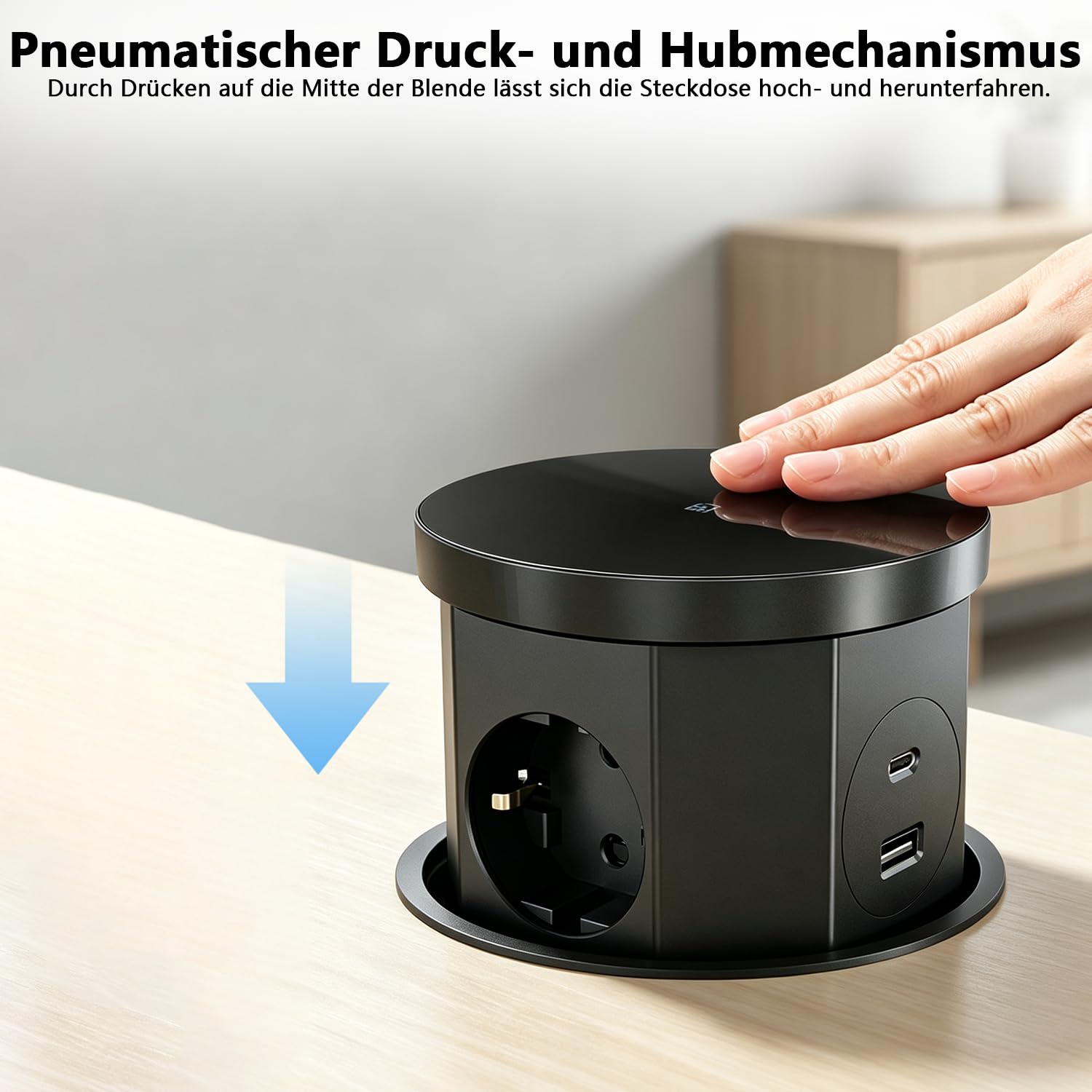 Versenkbare Steckdose, 2500W EU Versenkte Steckdose 3 Fach mit 15W Kabellosem Ladegerät & USB C & USB A & 1,5M Netzkabel, Tischsteckdose für Büro, Arbeitsplatte, Zuhause, Küche(Schwarz)