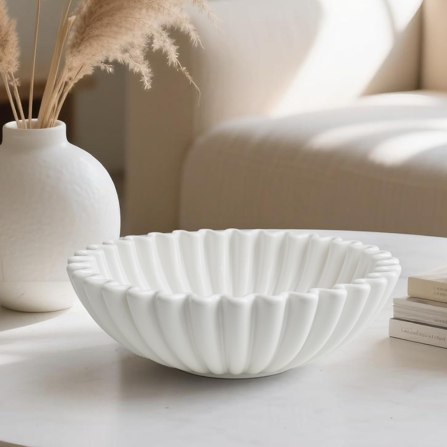 HFWDGTAO Large Decorative Bowl, White Ceramic Fruit Bowl for Kitchen Counter, Key Bowls for Entryway Table, Modern Coffee Table Home Decor, Scalloped Handmade Artwork White 9.6 inches
