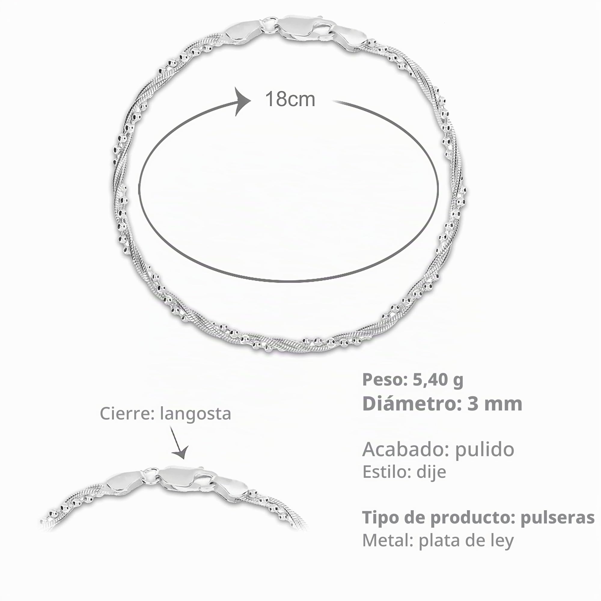 Tuscany Silver Pulsera de plata de ley 925 cadena retorcida tipo tipo serpiente y bolas. de mujer