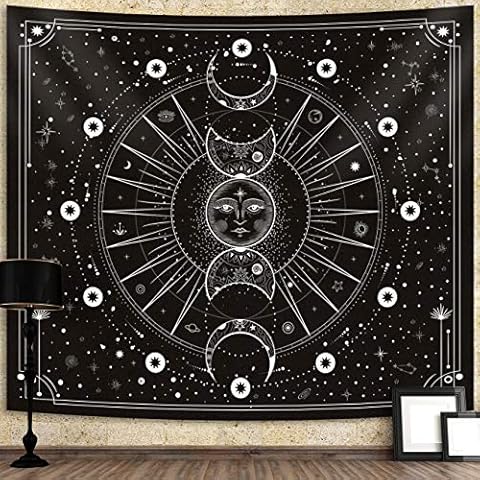 Sun Moon Tapestry Wall Hanging Stars Space Psychedelic Black and White Wall Tapestry Wall Tapestry for Bedroom Home Wall Décor (Mysterious Black, 59.1x59.1Inches, 150x150cm) Cover