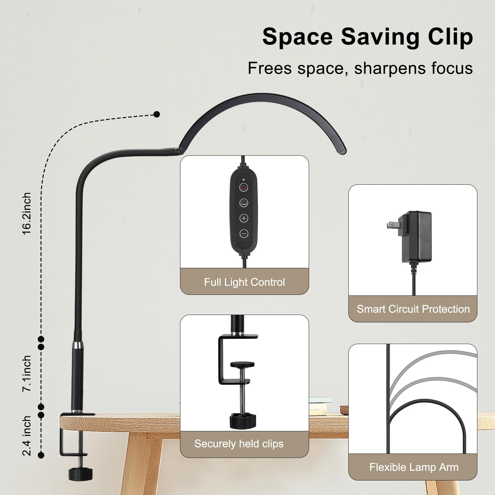 Lampe de bureau LED professionnelle demi-lune pour techniciens et artistes des ongles – Lampe flexible col de cygne avec pince, 3 modes de couleur et 5 niveaux de luminosité pour manucure