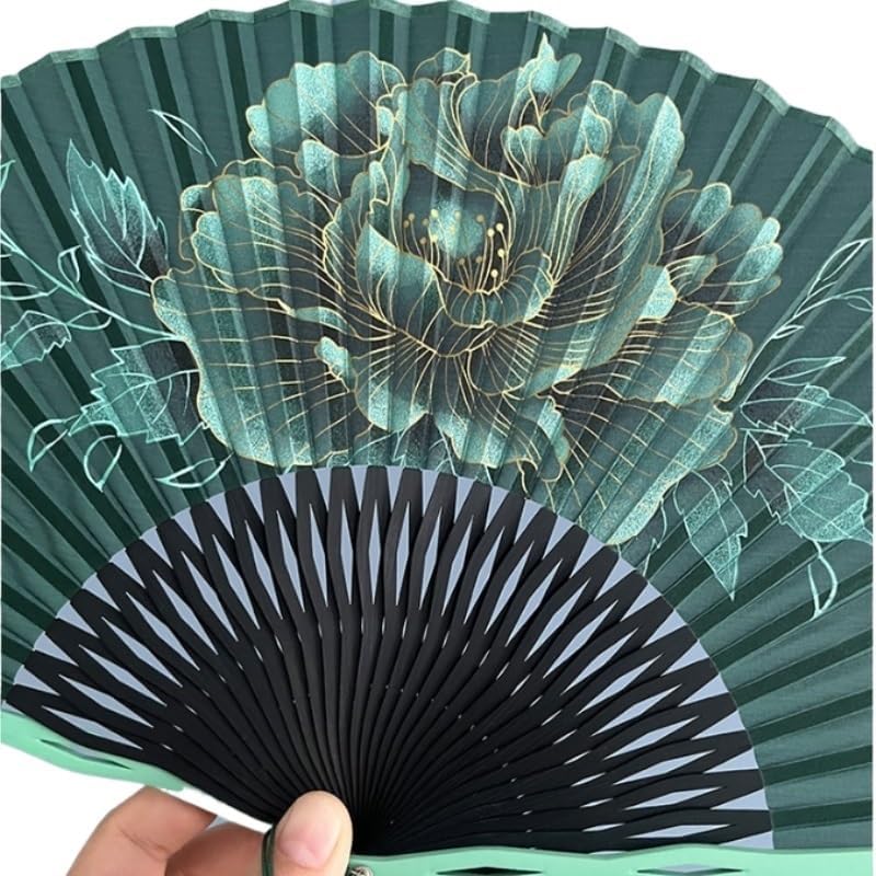 Vintage Green Folding Fan with Peony Embroidery Handheld Chinese Decorative for Cosplay Home Decor
