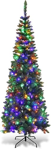 Miniatura 10 de GOFLAME Árbol de Navidad preiluminado, árbol de Navidad artificial delgado con 150 luces LED y soporte de metal sólido, árbol de decoración de