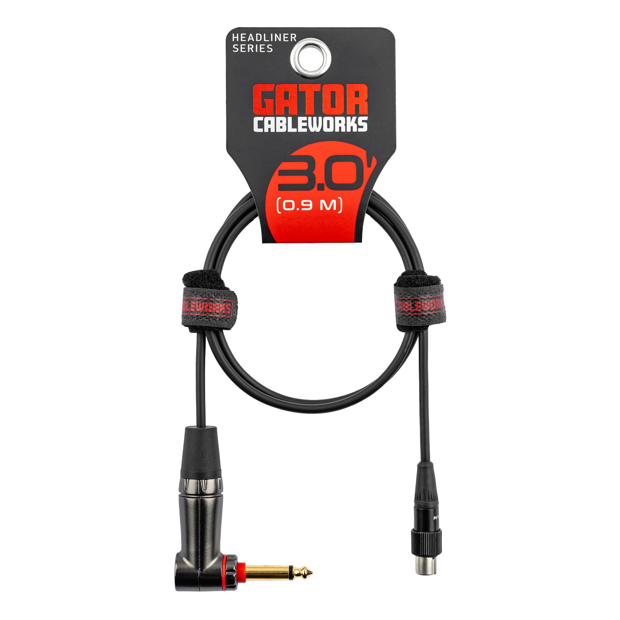 Cableworks by Gator Cases Headliner Series - Cable de instrumento de 3 pies en ángulo recto de 1/4 pulgadas con interruptor silencioso a TA4F para transmisor inalámbrico de mochila, (GCWH-TA4F-3RAQT)