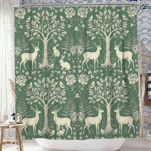 Rideau de douche cerf et lapin vert automne lavable 183x183 cm