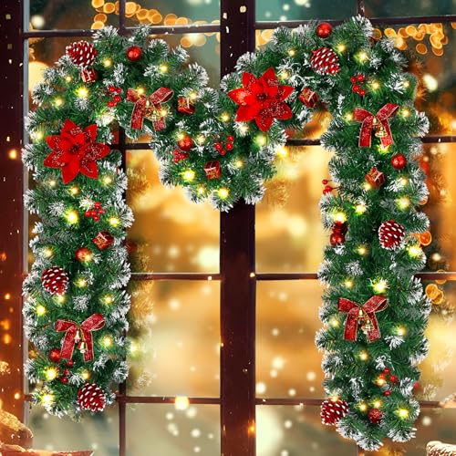 DOIOWN Christmas Garland with Lights,9Ft Prelit Christmas Garland for Mantle,100 LED Christmas Decorations Garland with Berries,Bows,Pine Cones,Flowers for Stairs Indoor Outdoor Decor Battery Operated
