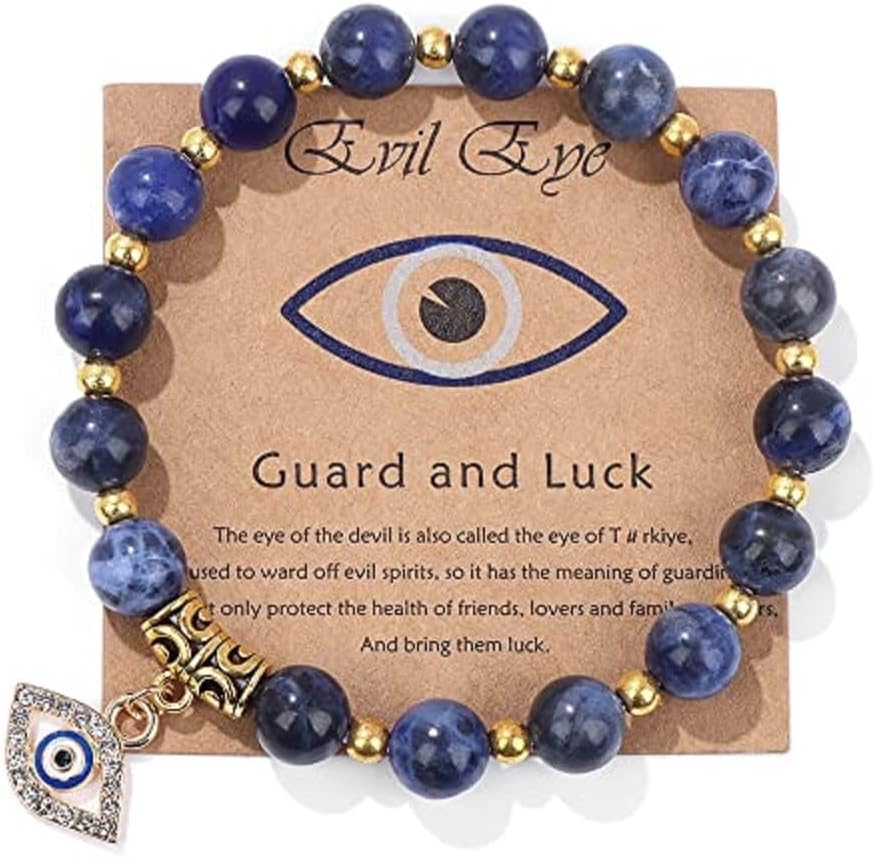 Caiyao Handmade Evil Eye Beaded Bracelets with Message Card Natural Stone Beads Inspirational Stretch Bracelet for Women Men Kabbalah Turkish Protection Good Luck Friendship Jewelry Gifts