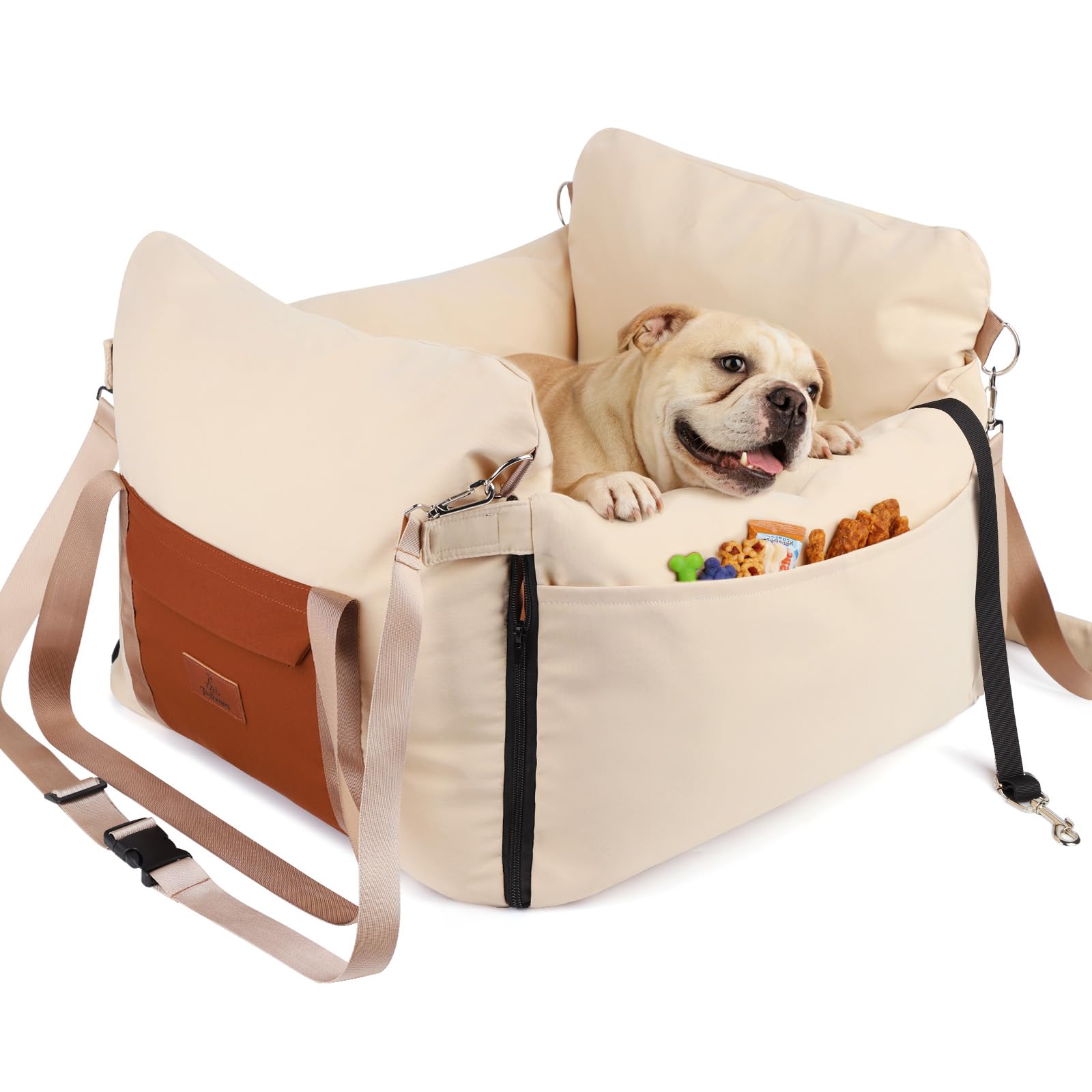 Dog Car Seat for Small Dogs, Waterproof Pet Booster Seat for Car with Side Handles and a Storage Pocket, Clip-On Safety Leash and PP Cotton Filling, Vehicle Bed for Small Dogs up to 25lbs