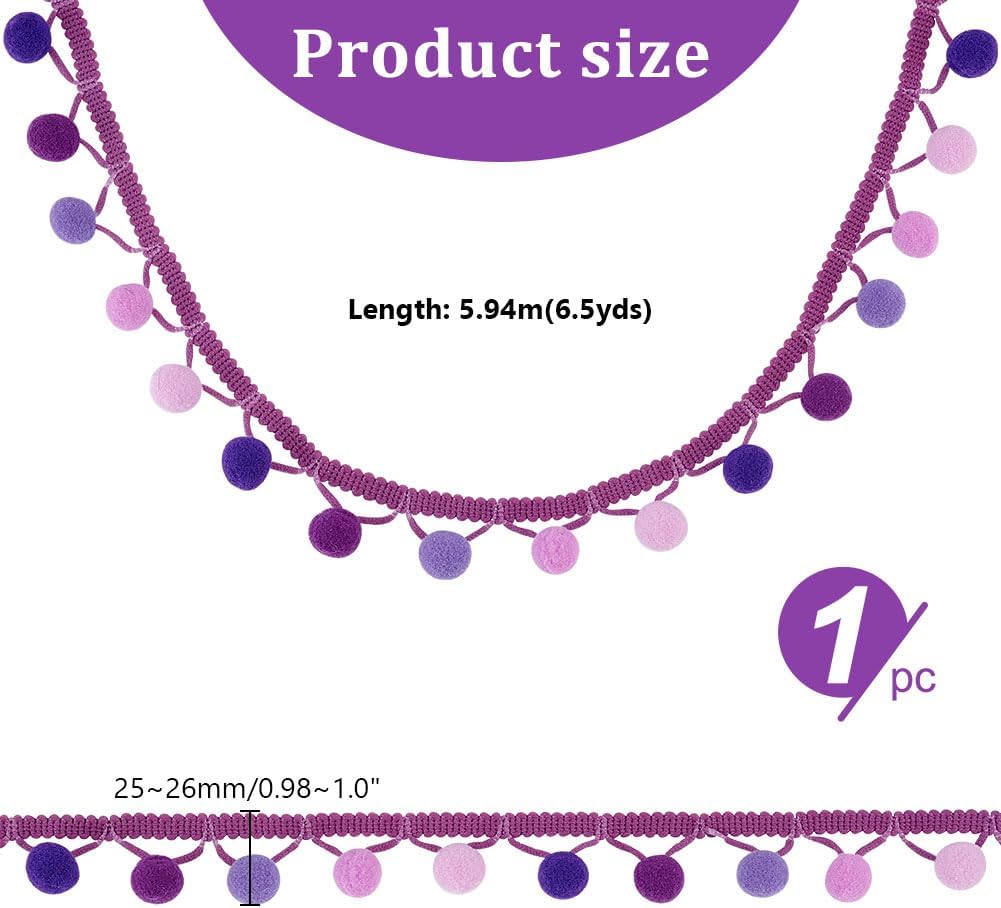 AHANDMAKER 6.5 Yards Purple Pom Poms Fringe Trim, Polyester, Lace, Party, Celebratory, Decorative, 25mm Wide, 21.34m Long, Bohemian Style, Solid Pattern