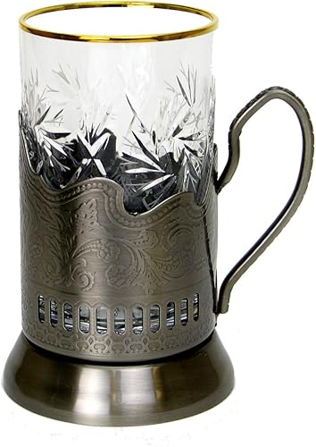 Miniatura 6 de Juego de té ruso de 12 piezas, vasos de cristal templado con bandas de oro de 24 quilates con soportes de vidrio de metal, diseño vintage