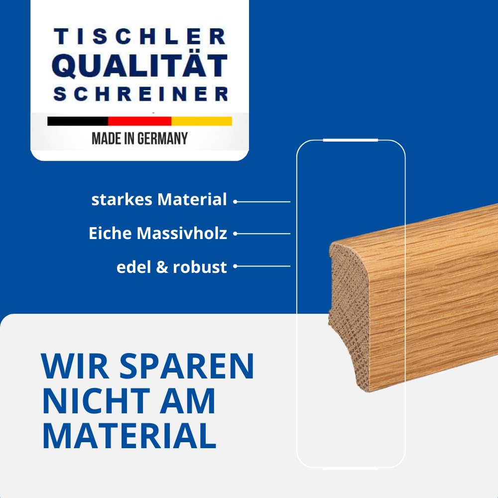 REESE - MASSIVHOLZ Sockelleiste - Eiche GEÖLT - Münchener Profil - Oberkante Rund - (40mm Höhe, 5 Stück / 11,5lfm) - nicht selbstklebend - 230 cm