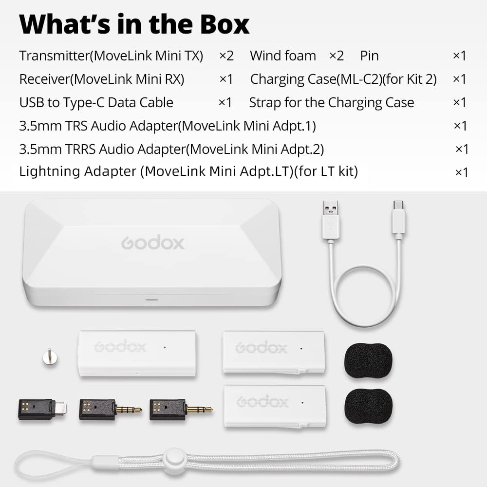 GODOX MoveLink Mini LT KIT 2 2.4GHz Wireless Microphone Lapel Mic 2X TX Transmitters + 1x Receiver with Charging Case for iPhone Lightning iPad Smartphone -White