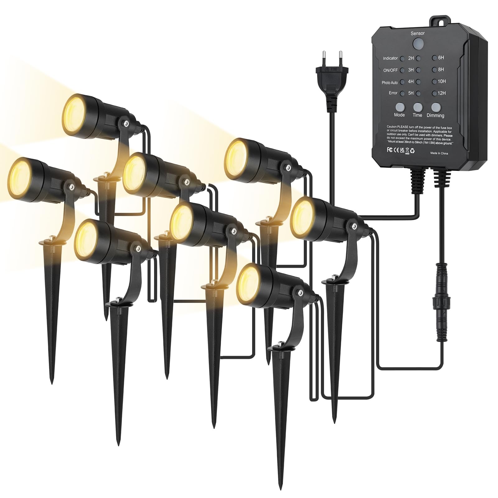 COOLWEST Luces LED Exterior Jardin con Sensor de Luz, 20M 8x5W Focos LED Exterior Blanco Cálido 3000K Impermeable IP65, 36V Lámpara de Jardín con Temporizador para Patios, Entrada de Vehículos