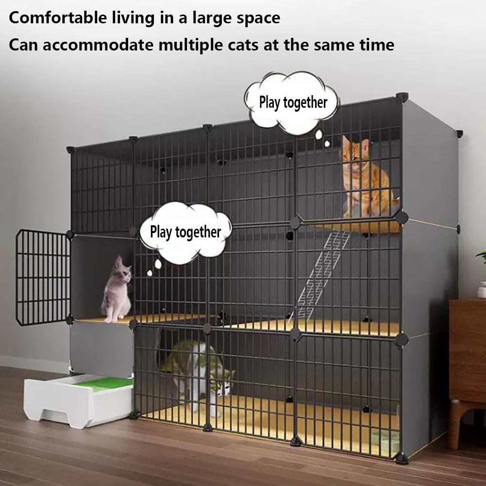DIY Petit Animal Cage pour Animaux, Enclos Chat Balcon Metal, Clôture Pliable pour Lapins, Cochons d'Inde, Chiots, Chat, Furet - Extérieur/Interieur, Noir, 111x49x75cm
