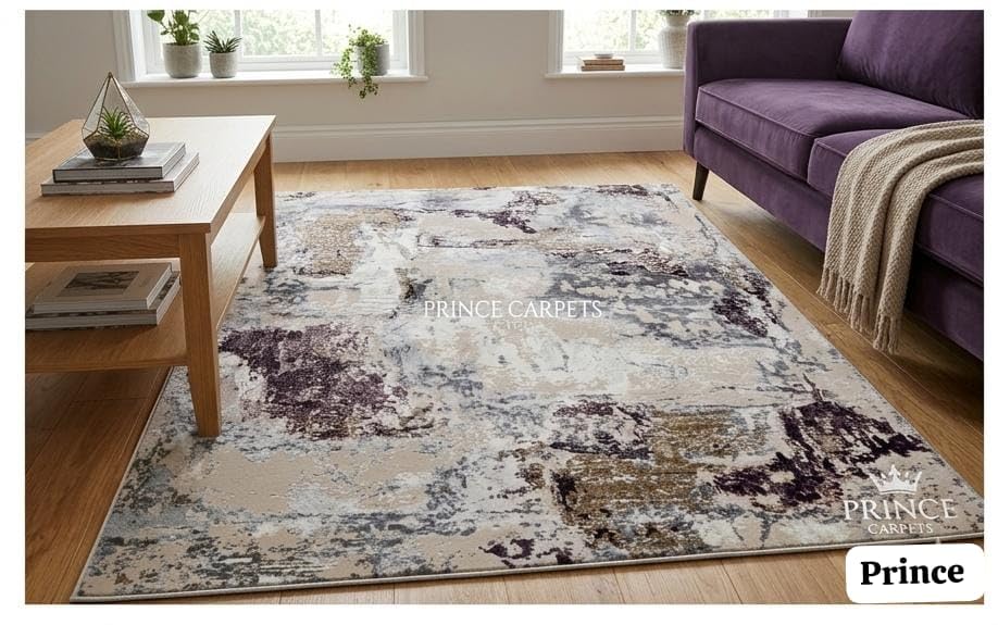 Image of 3x5 Feet (90x150 CM) Carpet for Bedroom Living Room & Hall - Violet Beige Modern Abstract Geometric Silk-Touch Luxury Hotel-Style Washable Anti-Skid Turkish Area Rug
