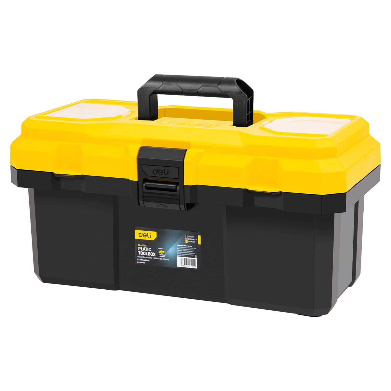 DELI 14-inch Tool Box with Removable Tray, Small Parts Box On The Lid, Tray Can be Removed