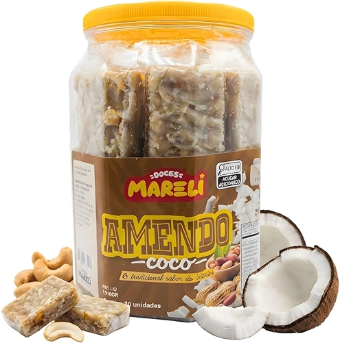 Doce Amendococo Paçoca Caseira Tradicional Com Coco Cocada, Gibi Doce de Amendoim, 20 Unidades, 1Kg, Sem Glúten, Para Festas e Eventos, Festa Junina, Doces Mareli