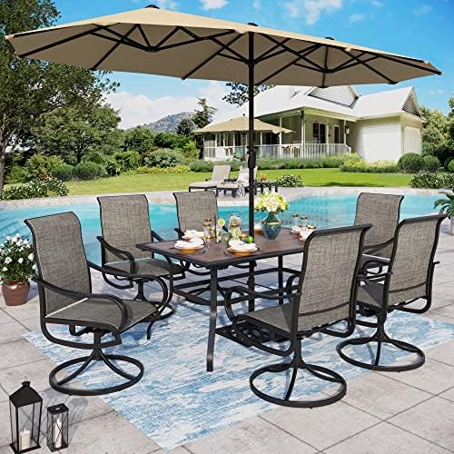 Sophia & William Patio Dining Set 8 Pieces with 13ft Double-Sided Patio Umbrella Twin Outdoor Metal Umbrella Dining Set, 6 x Swivel Patio Dining Chairs, 1 Wood Like Umbrella Table for Lawn Garden Pool