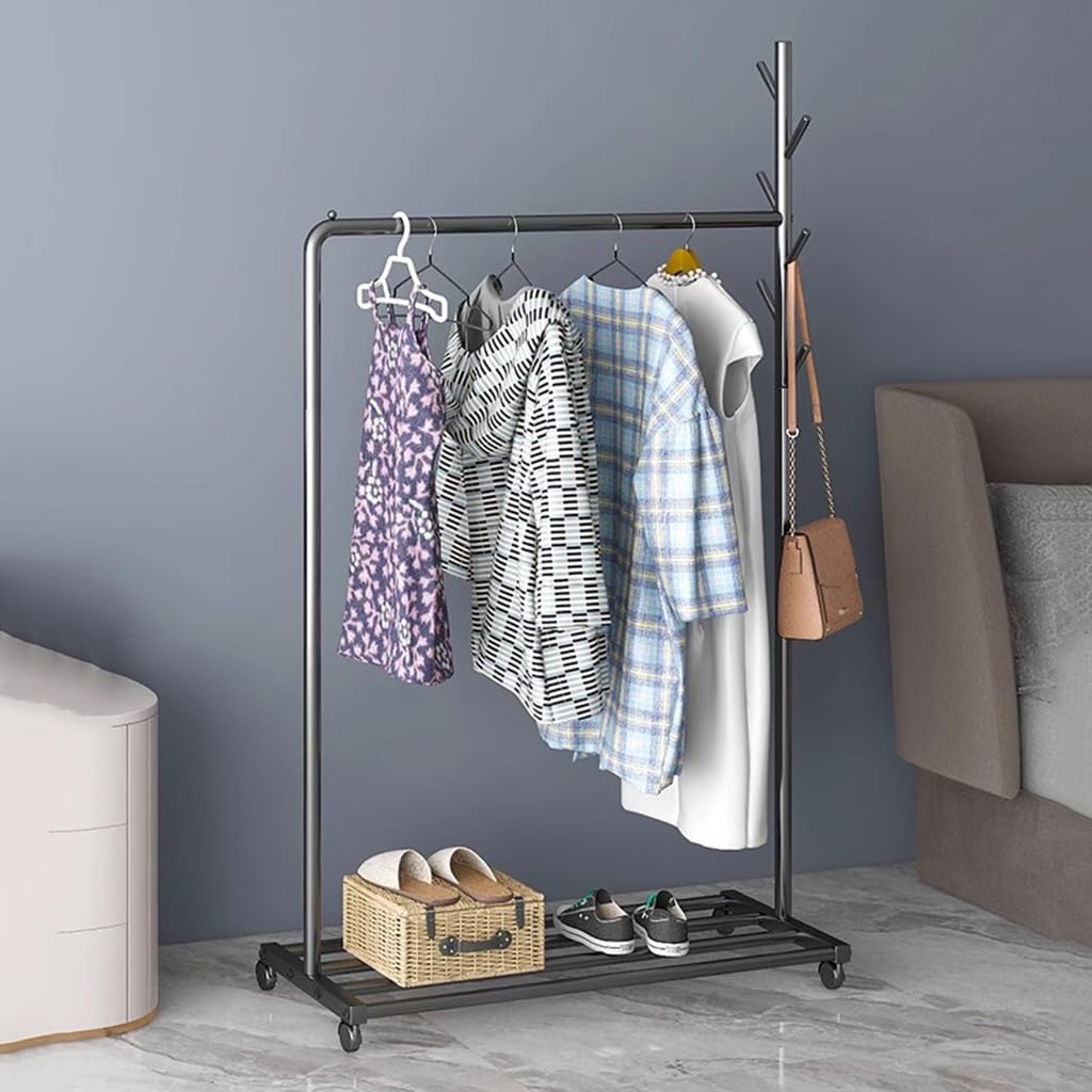 Wytrzymały mobilny wieszak na ubrania na kółkach z półką do przechowywania i haczykami Elegancki nowoczesny design dla eleganckiej ekspozycji i organizacji w pomieszczeniach domowych i detalicznych