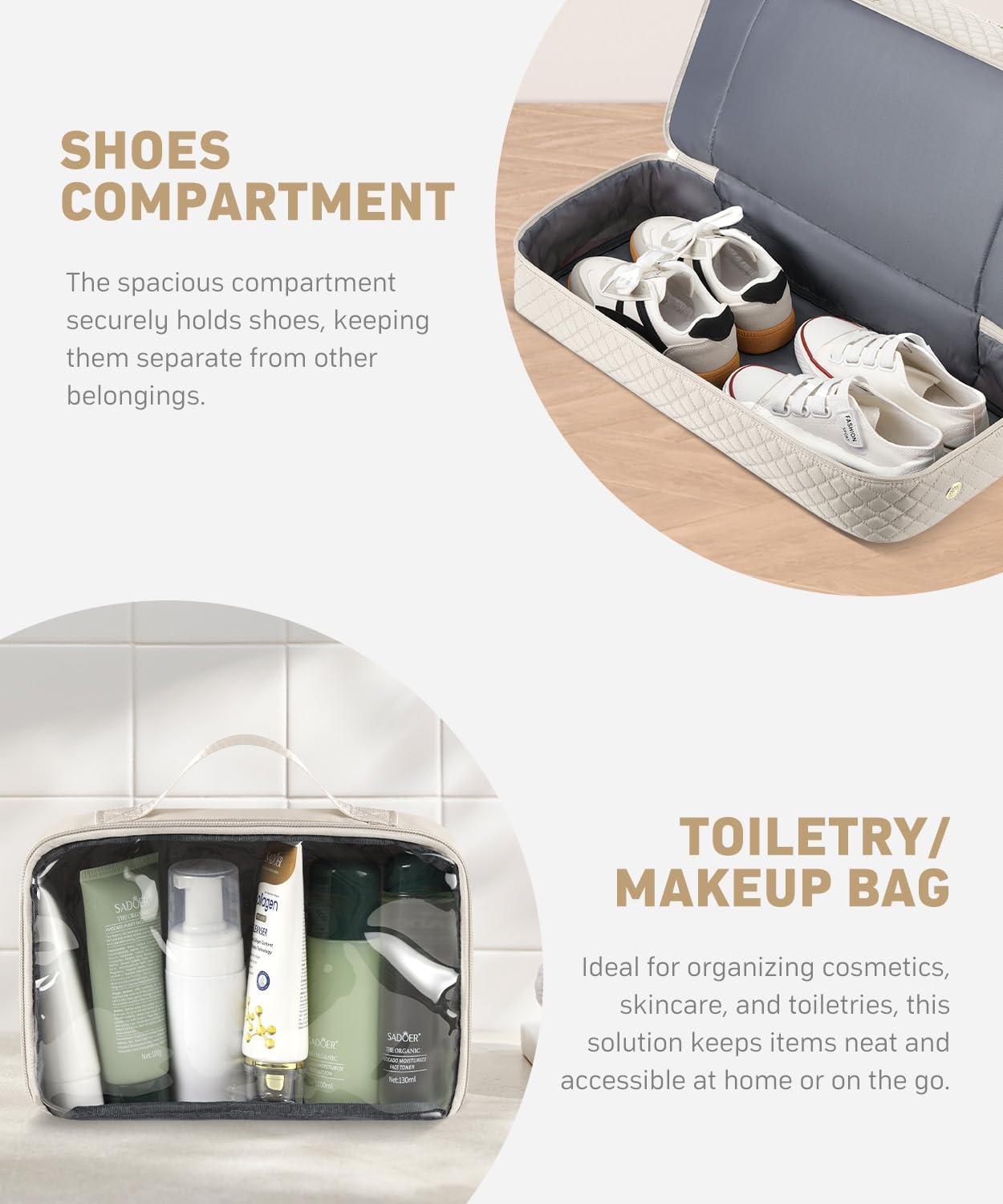 Duffle Bag for Travel, Weekender Bag with Shoe Compartment, Carry On Overnight Bag for Women with Toiletry Bag Duffel Bags with Wet Pocket for Gym Hospital Bags for Labor and Delivery Beige - Image 3