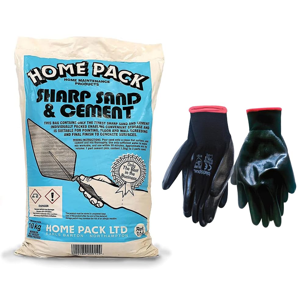 Concept4u Sharp Sand & Cement Mix 10kg with Large Nitrile Coated Gloves General Purpose Mortar Mix Ideal for Patching, Rendering, Brick-Laying & General Repairs
