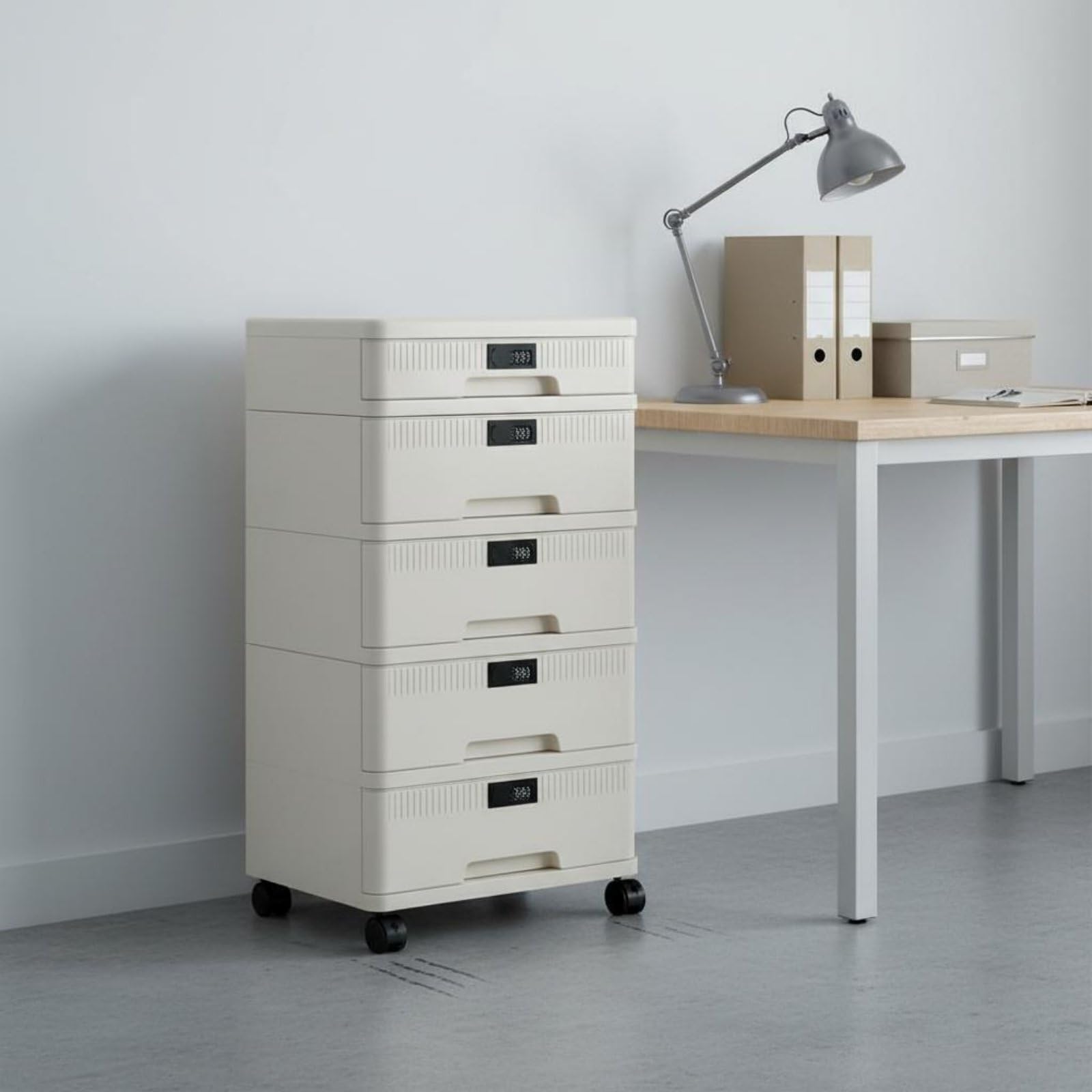 Almencla Archivador con Cajonera de Escritorio Gabinete de Almacenamiento Organizador con Llave Compartimentos para A4 Certificados y Suministros Material PP, 5 Capas 3 Altas + 2 Bajas
