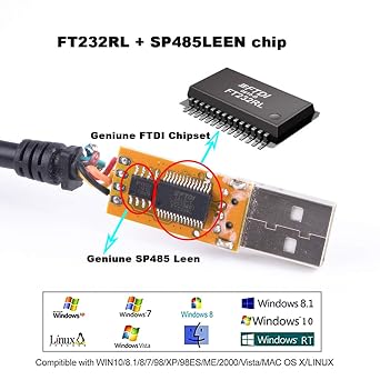 USB to RS485 Serial Cable FT232RNL Chipset Data Adapter Converter Cable Compatible for USB-RS485-WE-1800-BT Support Win7 8 10 XP Android Mac Linux (Black USB Housing)