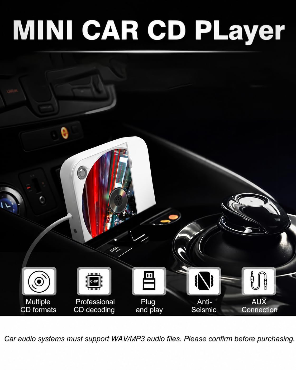 Lecteur CD de voiture portable Plug and Play avec câble d'extension USB supplémentaire avec port USB AUX, pour véhicule, ordinateur portable, TV, ordinateur, pour Android 4.4 et