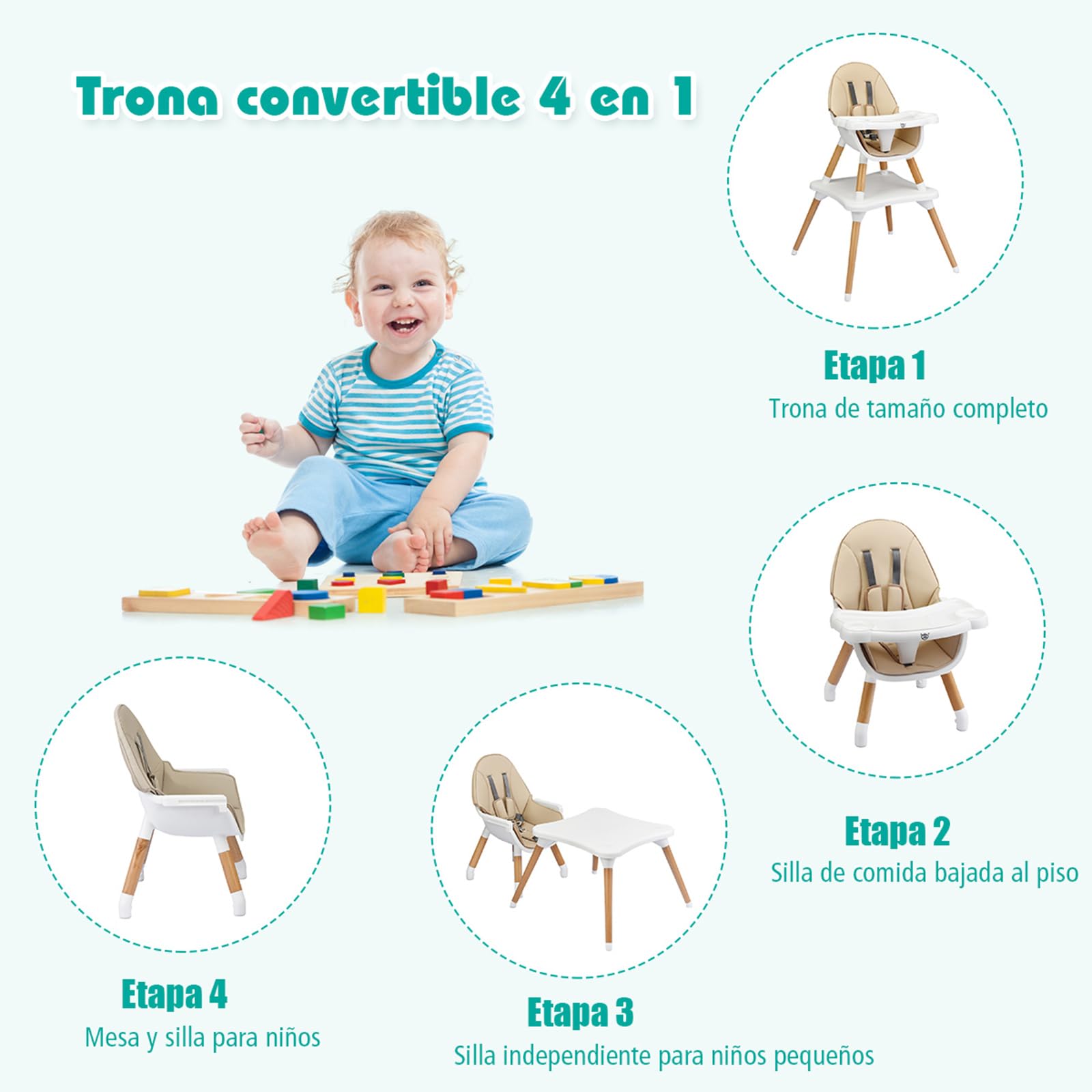 COSTWAY Trona para Bebé con Altura Ajustable, Silla Alta para Comer con Cinturón de Seguridad y Bandeja Extraíble, Trona Portátil Evolutiva Bebé (sin Tablero de Bloques, Caqui)