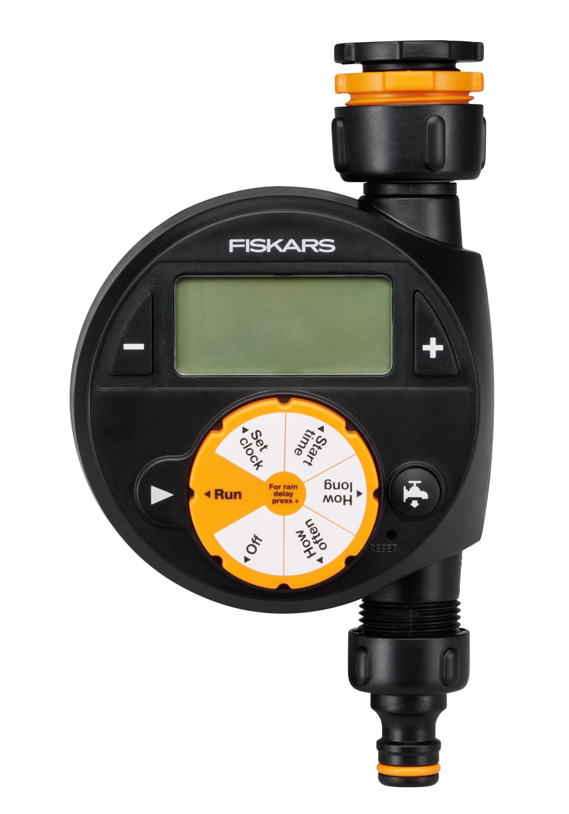 Fiskars Programador/Timer con 1 salida, Para todos los tamaños de grifo habituales, Pantalla LCD de fácil lectura, Tamaño universal, 380 g, Negro/Naranja, 1054791