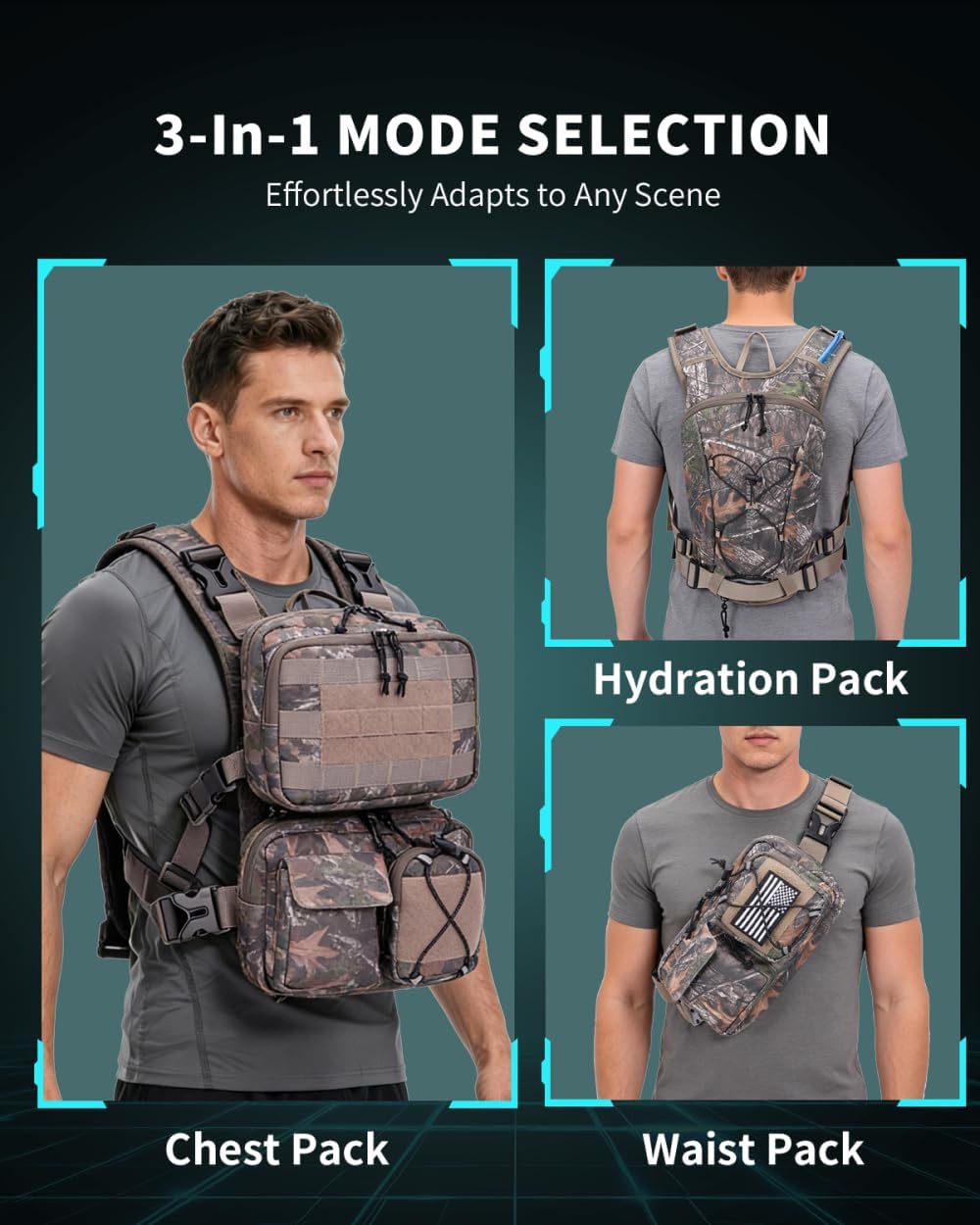 Blue Quartz 3-in-1 Running Vest with 2L Water Bladder, Lightweight Tactical Hydration Backpack with Detachable Waist Pack, Reflective Chest Pack for Hiking Running Cycling Race for Women Men