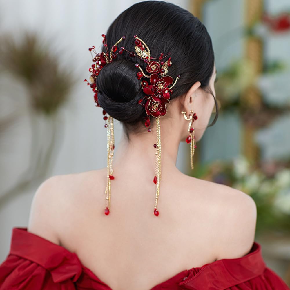 Set di 2 fermagli per capelli con nappe rosse e orecchini a forma di fiore, accessori per capelli da sposa cin