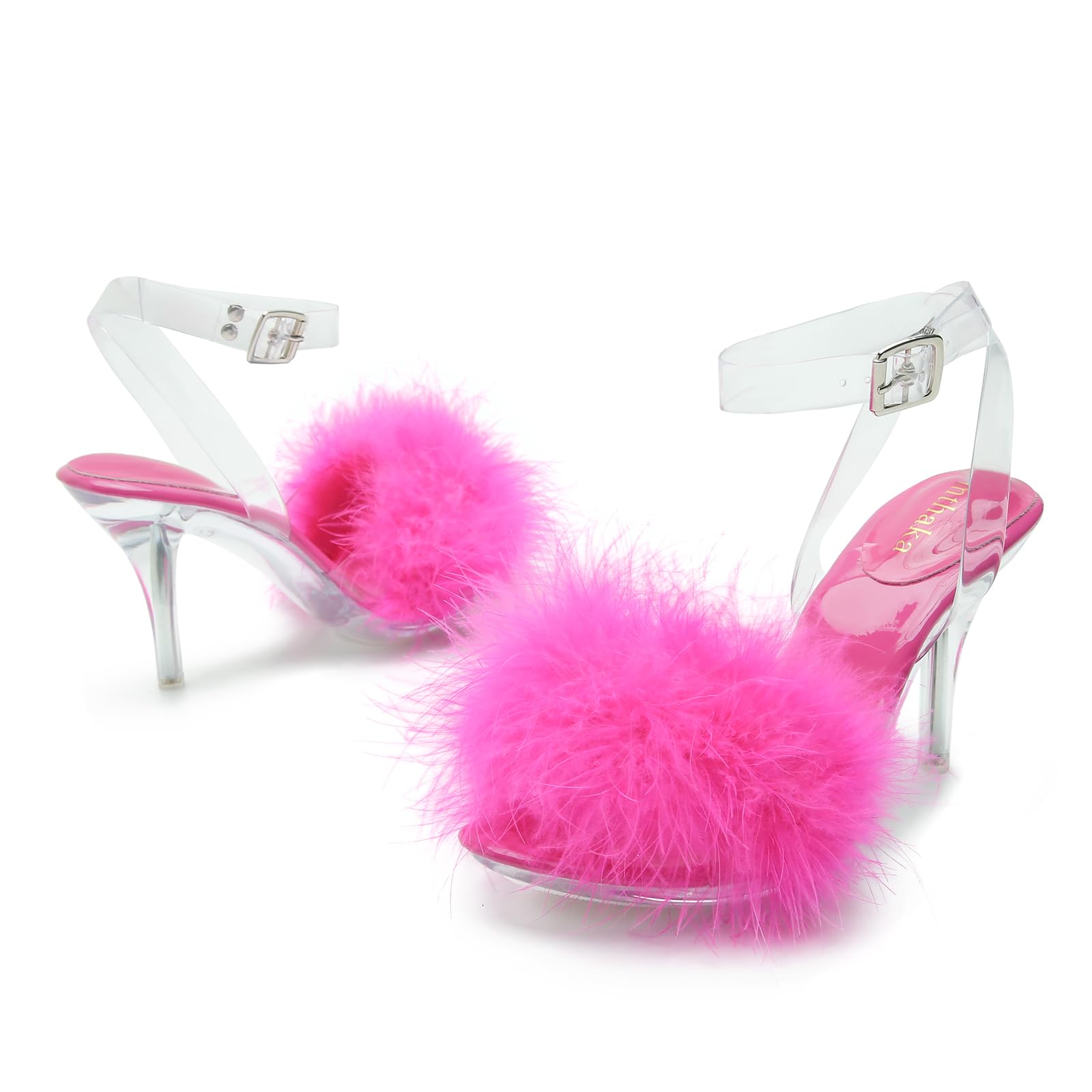 omthaka Women's Fuzzy Clear Heels Ankle StrapStilettos Heels Mules Sandals Fluffy Feather Slip On High Heeled Party Prom Dresses Shoes