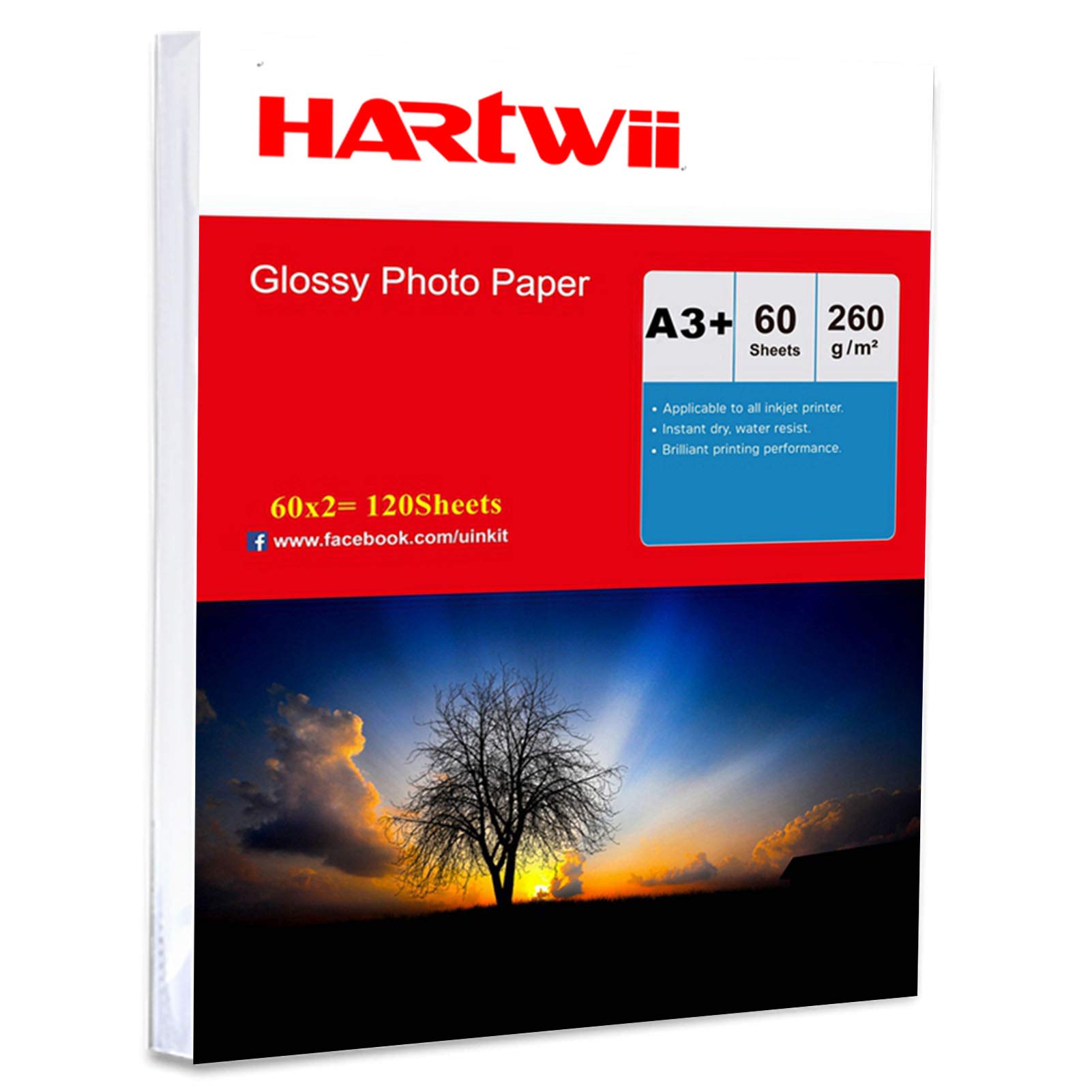 Papier fotograficzny A3+ wysoki połysk 330 x 483 mm - 120 arkuszy papieru atramentowego o grubości 260 g/m2 13 x 19 do druku atramentowego Hartwii