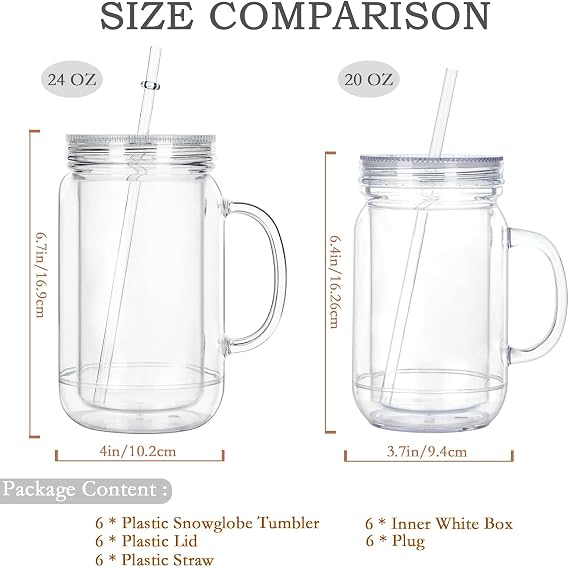 24 Oz Acrylic Snowglobe Tumbler with Handle, 6 Pack Pre-Drilled Double Wall Plastic Mason Jar for Glitter Snow Globe Diy, Double Wall Snowglobe Cup with Clear Lid