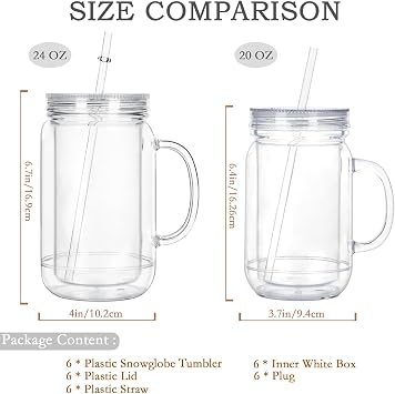 24 Oz Acrylic Snowglobe Tumbler with Handle, 6 Pack Pre-Drilled Double Wall Plastic Mason Jar for Glitter Snow Globe Diy, Double Wall Snowglobe Cup with Clear Lid