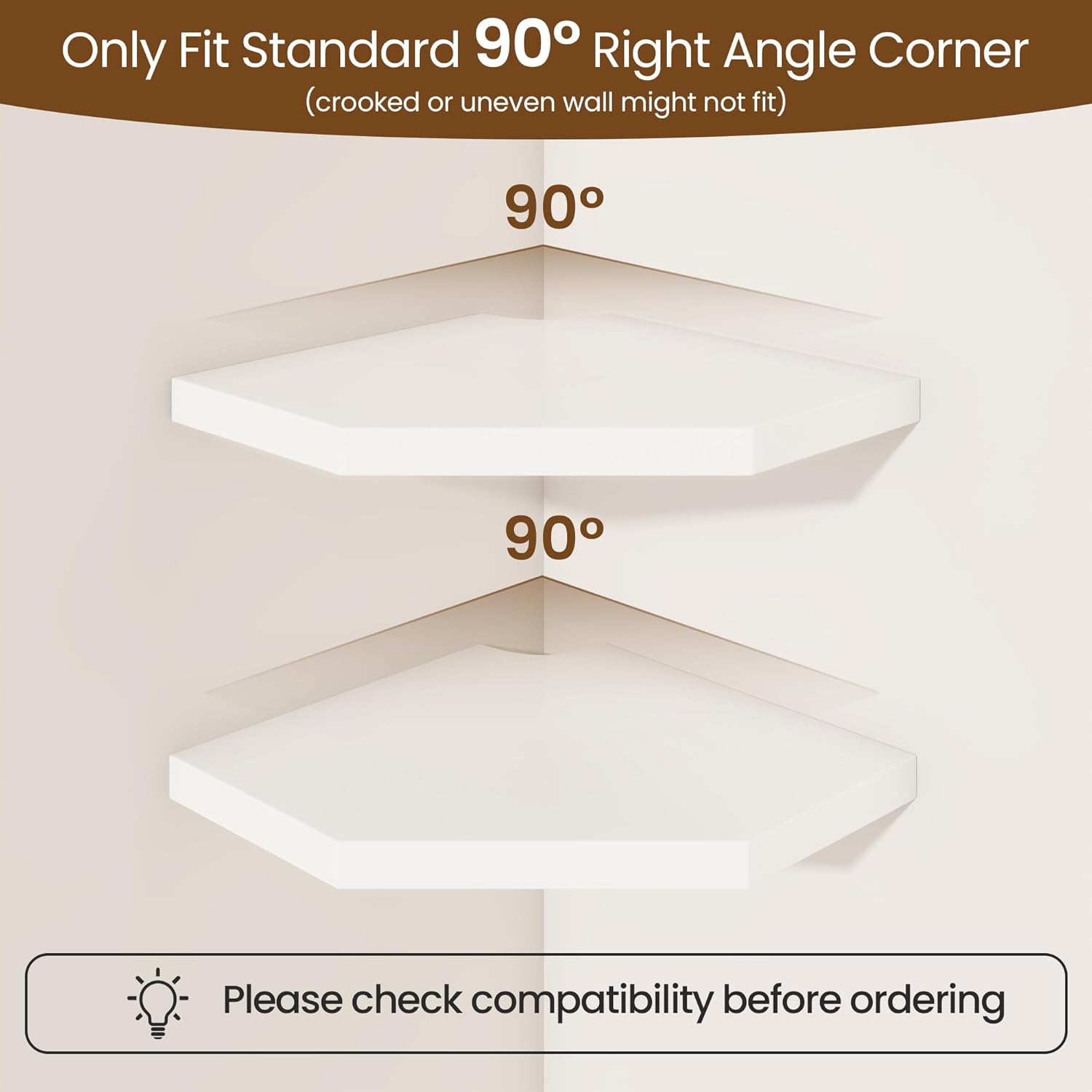 Fun Memories Corner Shelf Wall Mount Set of 2 - Solid Oak Wood Floating Corner Shelf with Cable Hole, 7in Rustic Design for Bedroom, Living Room, Kitchen (White)