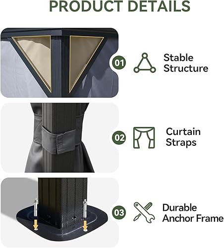 Miniatura 5 de Aoxun Cenador de techo rígido de 10 x 12 pies, doble capa de acero galvanizado para exteriores, doble techo, aluminio, toldo con malla y cortinas