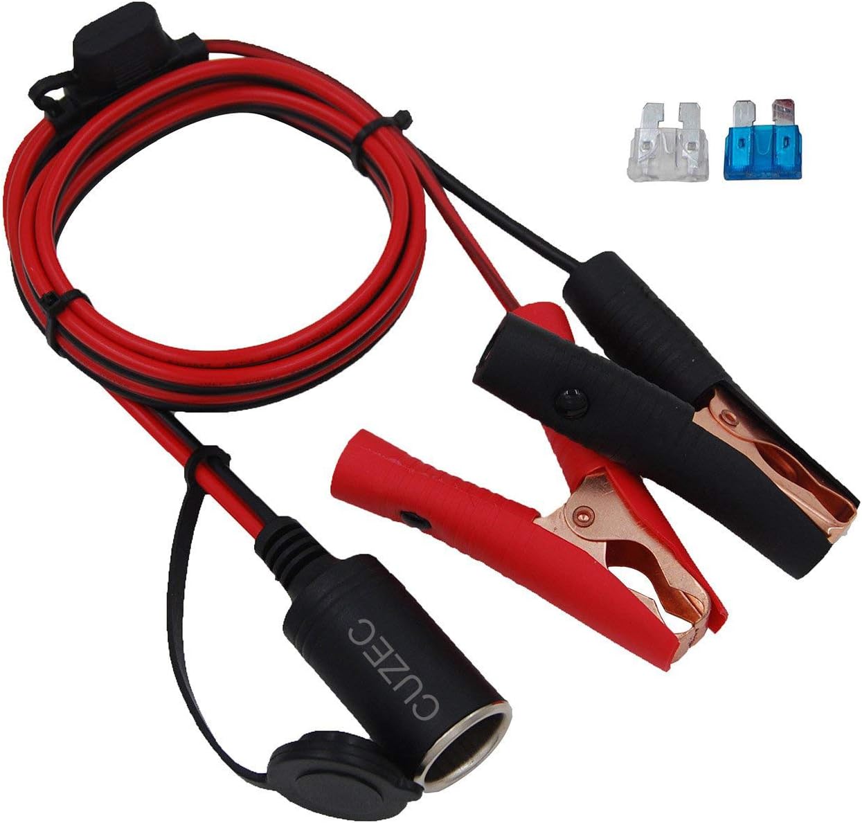 CUZEC 12V/ 24V Extension Cord Plug Socket with Battery Clamp 4.9FT / 1.5m 16 AWG Battery Clip-On and Cigarette Lighter Adapter