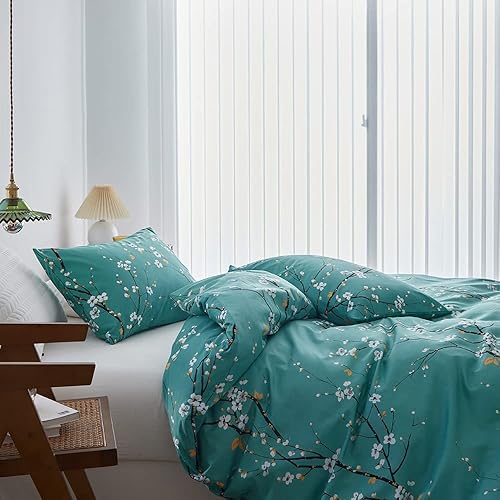 Miniatura 5 de ARYURBU Juego de funda de edredón azul tamaño individual con 1 funda de almohada, diseño de ramas de flores florales, funda de edredón de microfibra
