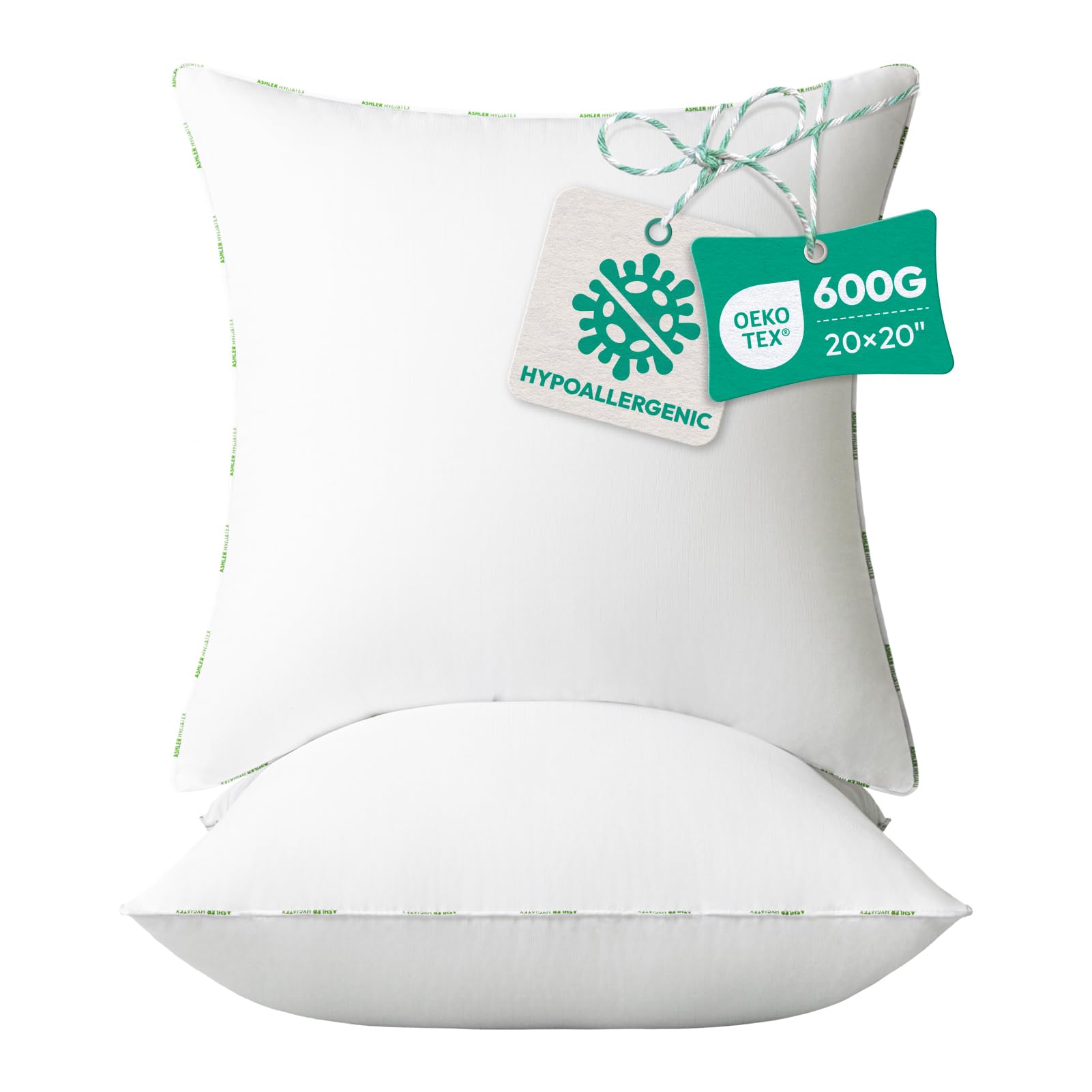 Ashler Home Deco Throw Pillow Inserts (Pack of 2, 20 x 20 Inches, White) - Hypoallergenic 100% Virgin Fiber Square Form Microfiber Throw Pillows for Bed and Couch Pillows | Indoor Decorative Pillow