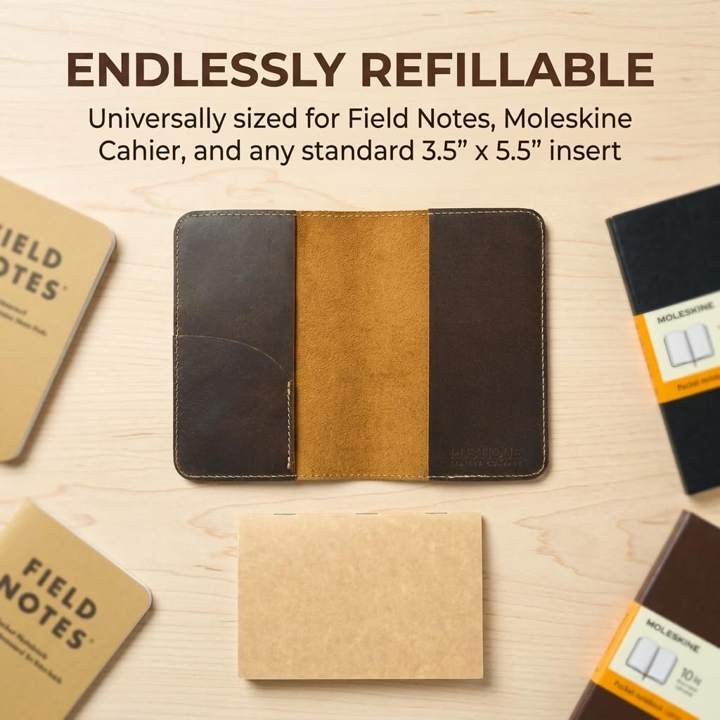 Rustique Leder-Tagebucheinband für Feldnotizen mit Kartenhalter und Taschen-Notizbuch, für Moleskine Cahier, handgefertigter Vintage-Ledereinband für 8,9 x 14 cm, Braun, 3 Stück