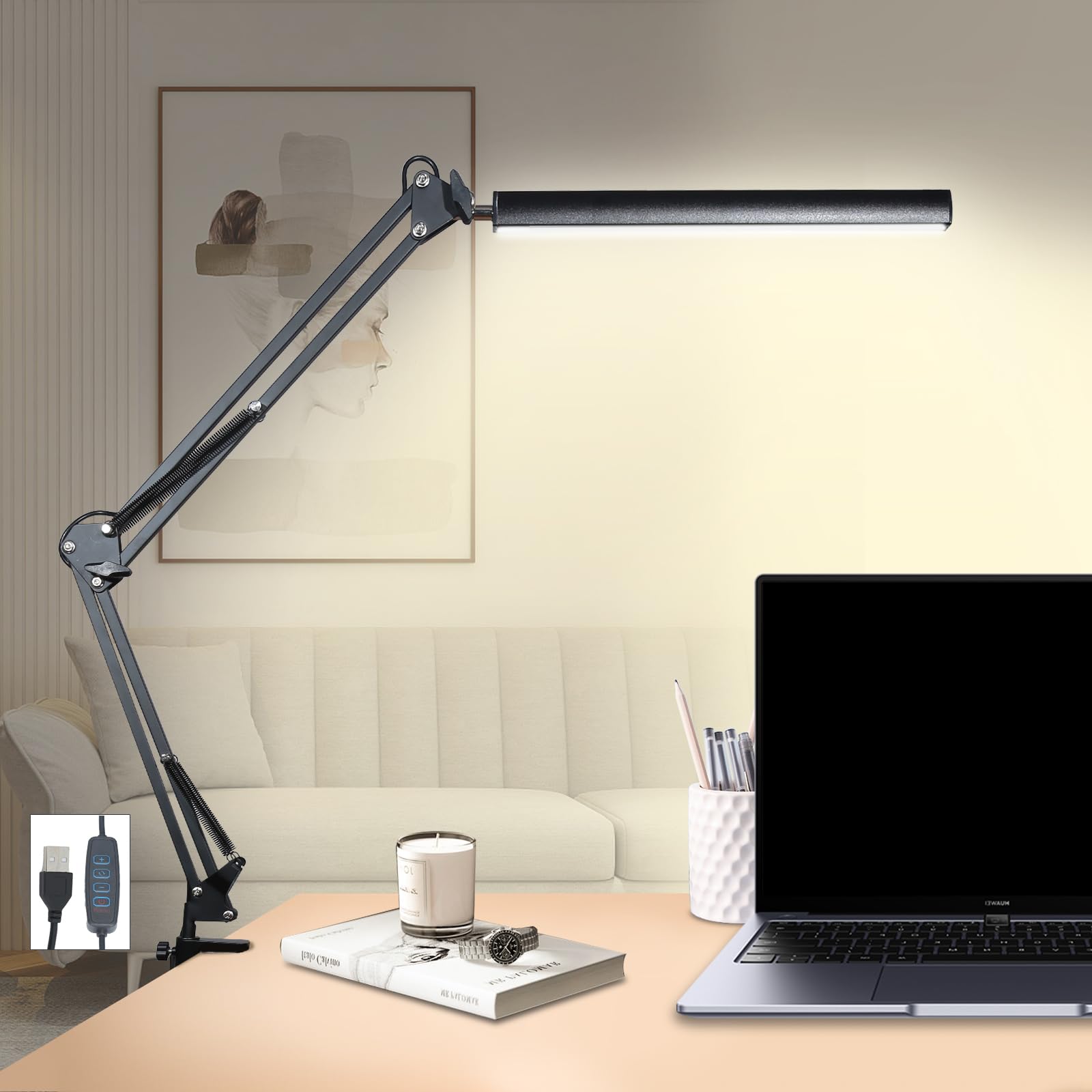 Danlinlee Adjustable Swing Arm Desk Lamp with Clamp, LED Desk Lamp,Dimmable Desk Light, 3 Colors 10 Brightness Adjustable Flexible Gooseneck, Architect Task Lamp for Home Office