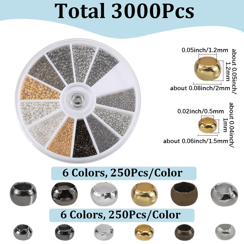 SOFPLATE 3000Pcs 12 Styles Round Silver Crimp Beads Crimp Spacer Beads Gold Rondelle Small Colorful Brass Smooth Loose Charms Findings Accessories for Jewellery Making Necklaces Bracelets DIY Crafts - Image 2