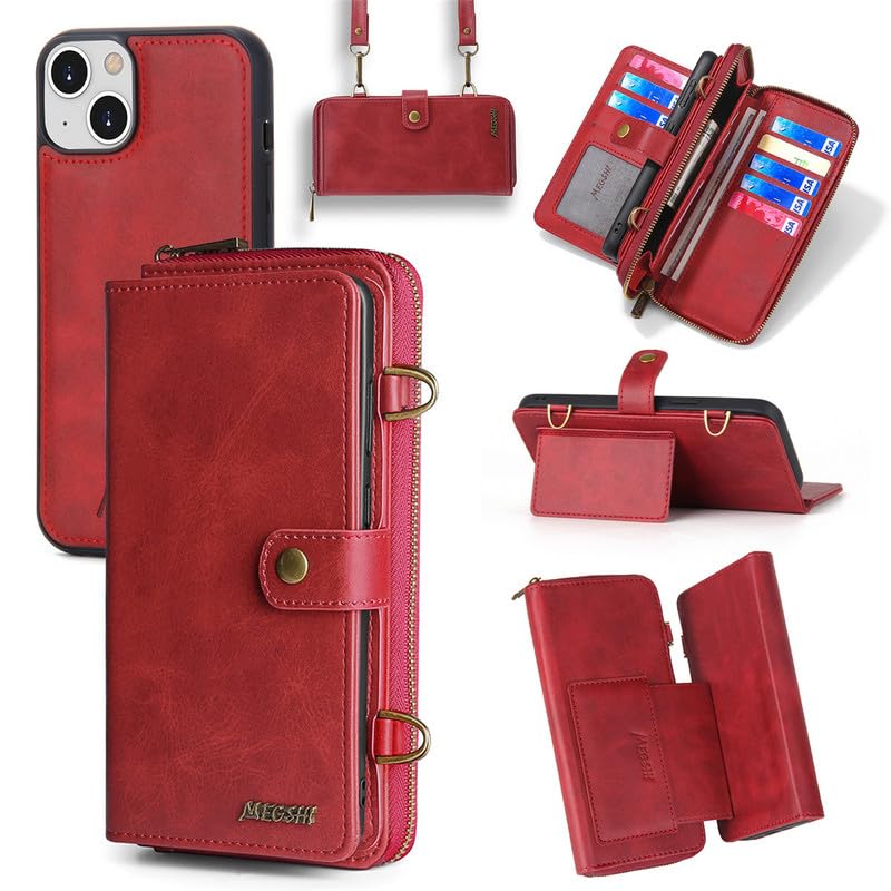 Coque iPhone 15 Plus détachable 2 en 1 avec portefeuille magnétique et support de visionnage rouge