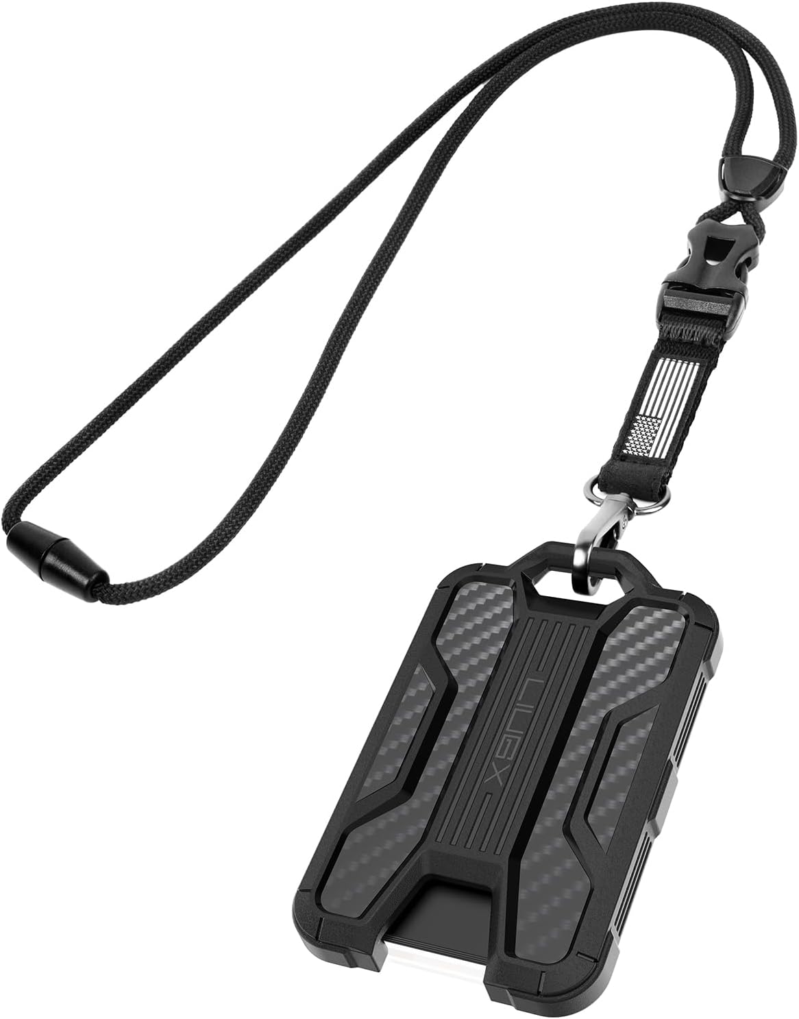 LIUGX Badge Holder with Heavy Duty Breakaway Lanyard, Carbon Fiber-Texture, Durable ID Card Holder (Holds 4 Cards) with Quick Release Detachable Buckle, Metal Clip, American Flag