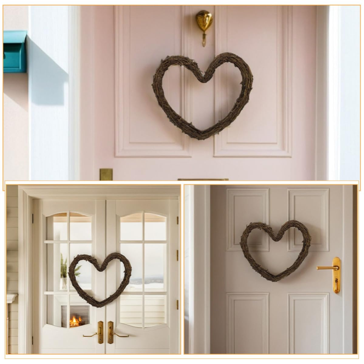 Operitacx 4 Piezas Anillo de Ratán Artesanal Forma de Corazón de 14 Pulgadas, Decoración Navideña Rústica y Natural para Puerta y Hogar, Fácil de Colgar