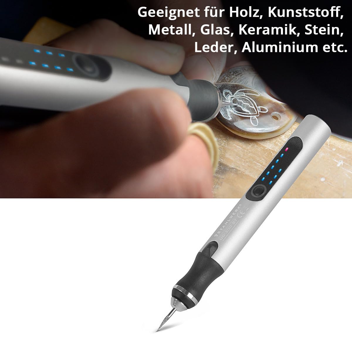 STAHLWERK USB-Gravierstift (UG-300 ST) – 8 Watt Leistung, 3 Gänge (5.000/10.000/18.000 U/min), USB-C Anschluss, kabellos nutzbar, inkl. 20 Premium-Einsätze, 3 Trennscheiben & Schablonen-Set
