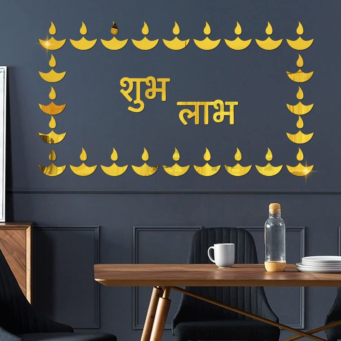 WallDaddy - Self Adhesive Diwali Decoration Stickers (24DiyeGoldWithSubhLabhGold) Mirror Wall Mount Murals Wall Stickers for Home & Festivals